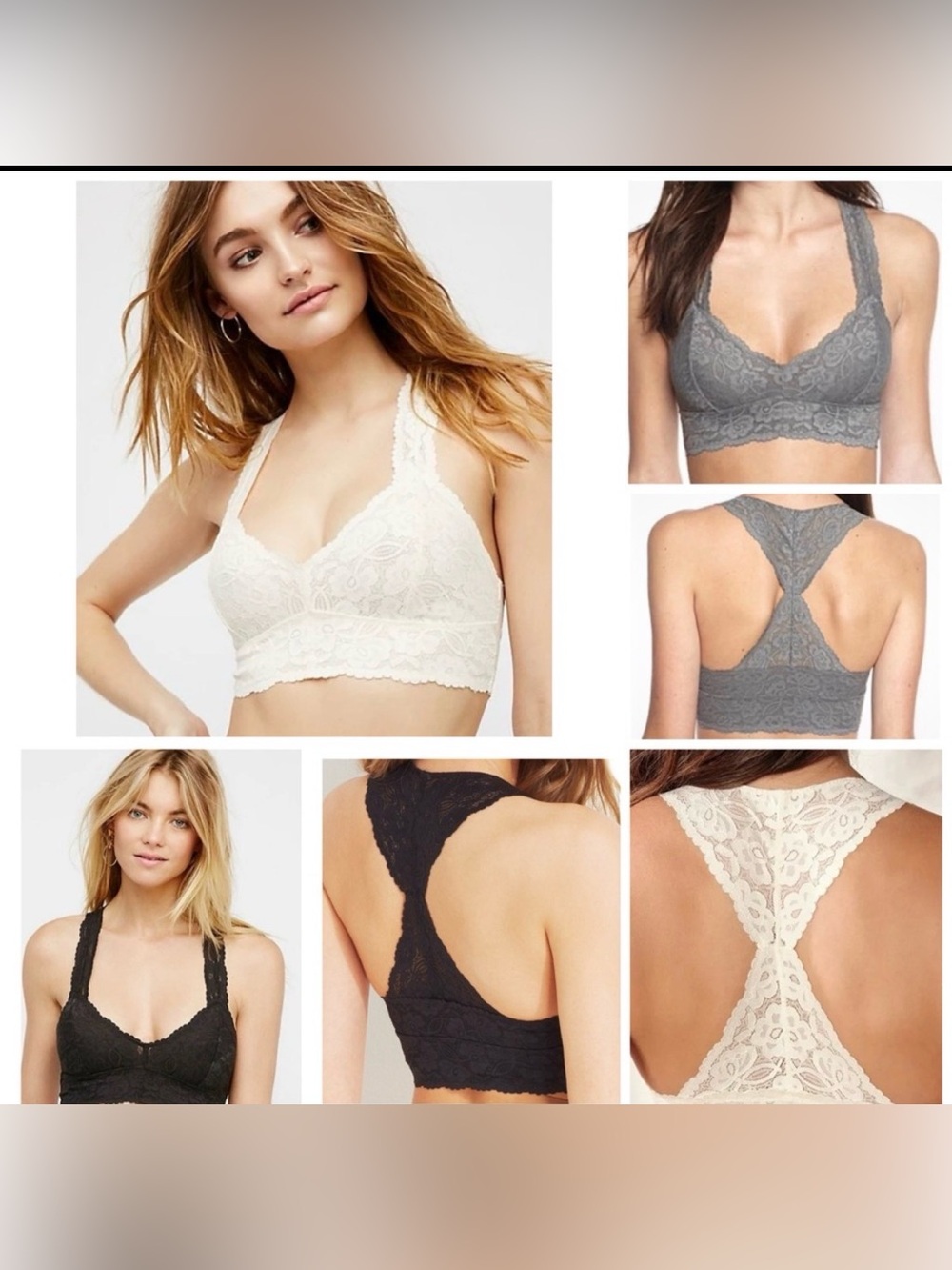 Free People Galloon Lace Racerback Bralette 3pc Lot Ivory Grey Black Size Small